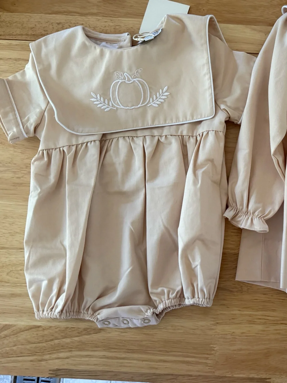 Embroidered Pumpkin Bubble Romper in Light Beige/Tan